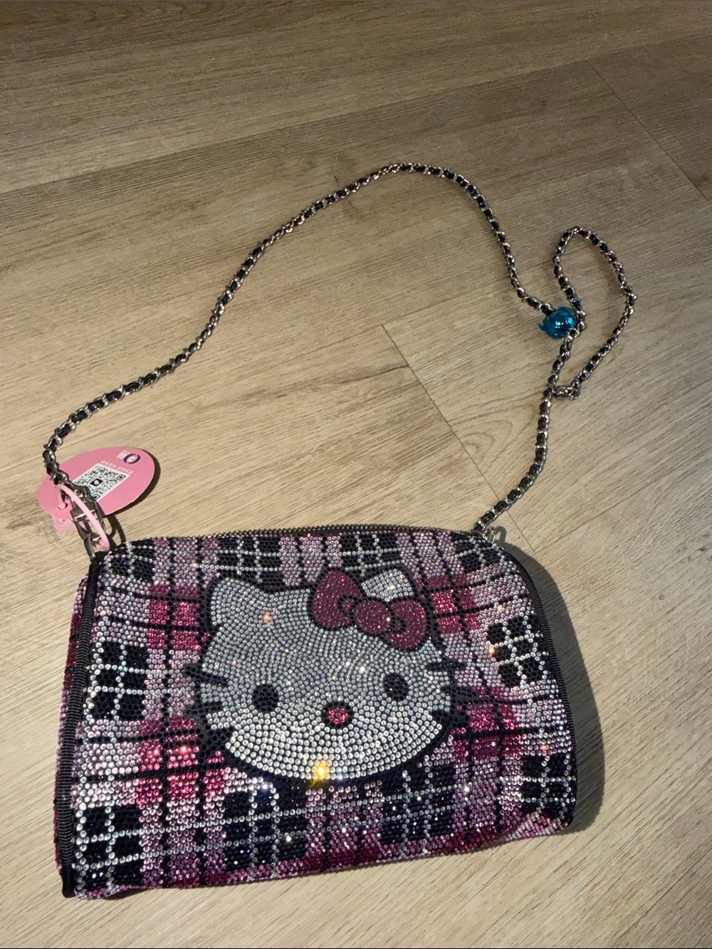 Hello Kitty Pink and Black Plaid Crystal Crossbody Bag with Chain Strap